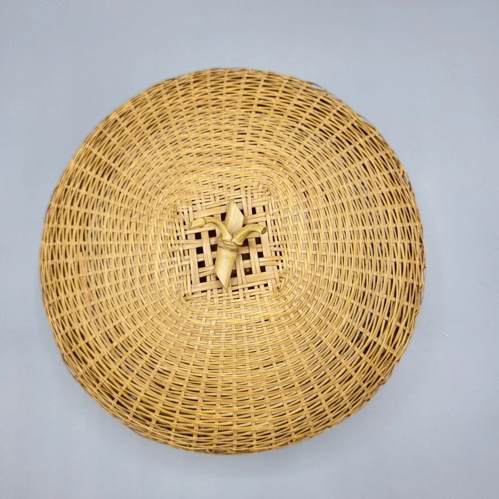 Vintage Woven Bamboo Basket Lid Round Handcrafted Decorative Tan Brown READ